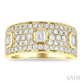 1 1/2 Ctw 3-Stone Emerald and Round Cut Diamond Fashion Wide Band in 14K Yellow Gold
